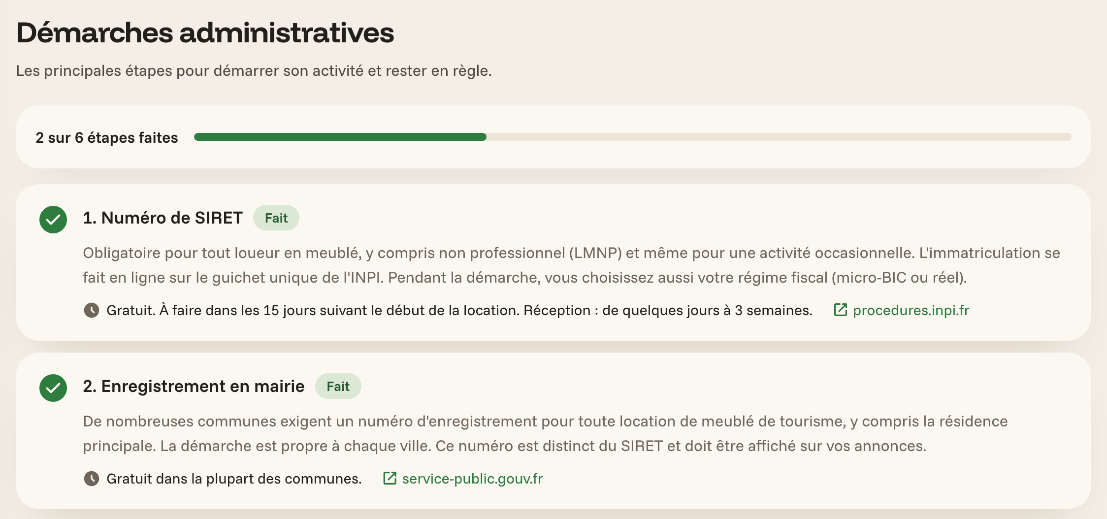Écran des démarches administratives de swivi : progression par étapes et détail des étapes Numéro de SIRET et Enregistrement en mairie.